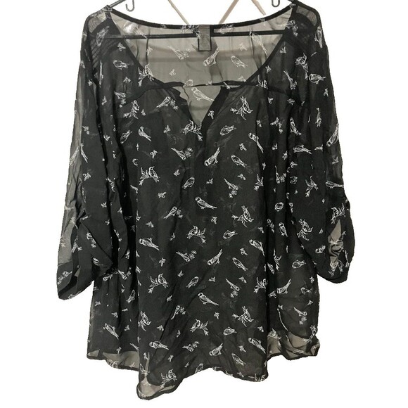 Torrid Women’s Plus 3X Sheer Chiffon Blouse Black White Bird Roll Tab Sleeve - Picture 2 of 6